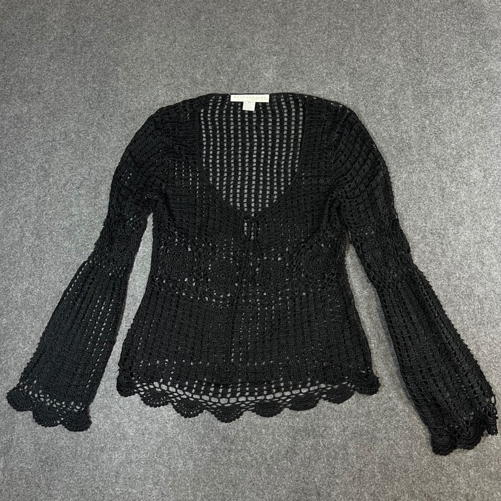 Bette Paige Black Crochet Cardigan XL Bell Sleeve Scallop Hem Boho Whimsigoth